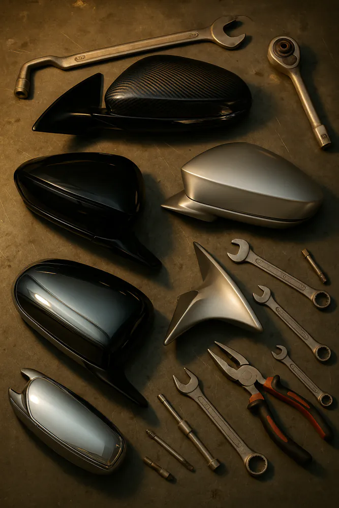 Workshop bench displaying various luxury car side mirrors