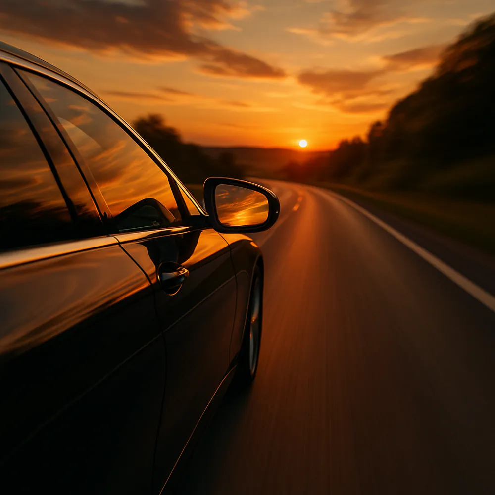 Luxury car side mirror reflecting sunset on a scenic road