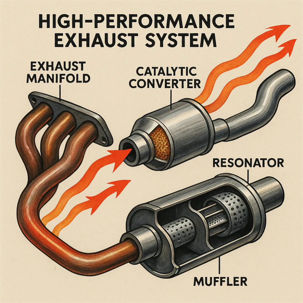 Cutaway diagram of high performance exhaust system airflow