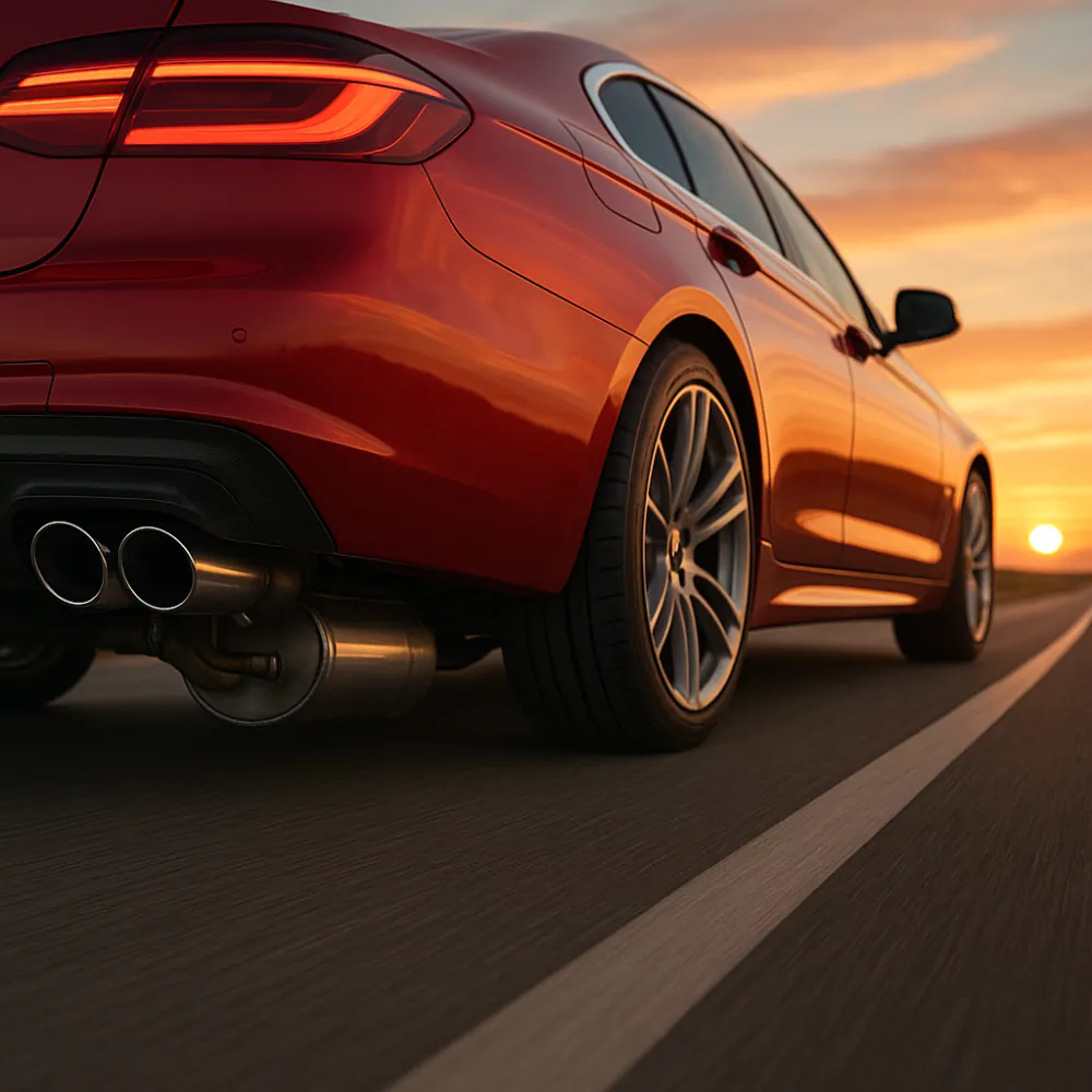 Dual exhaust tailpipes on red luxury coupe at sunset