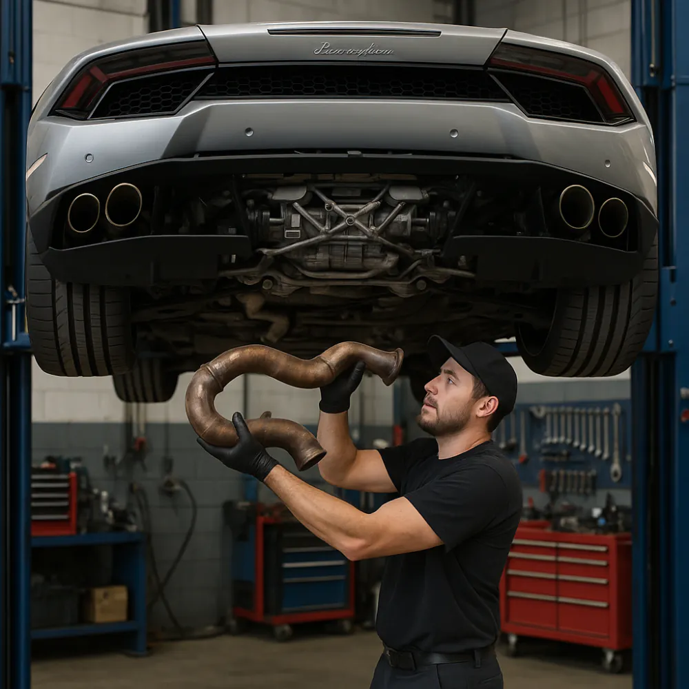 Mechanic installing Lamborghini exhaust pipe under car