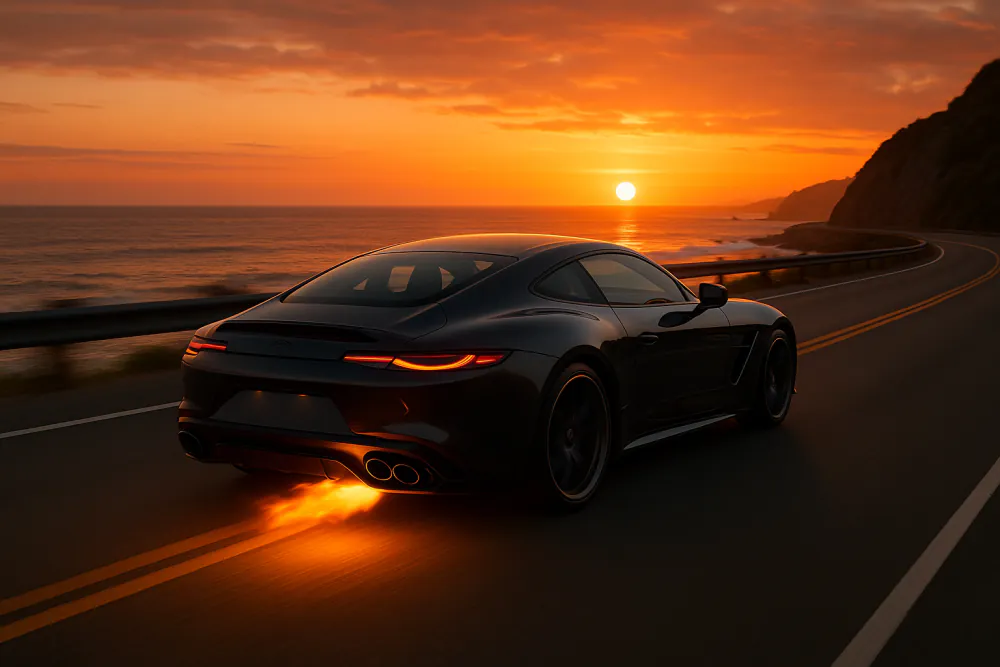 Ferrari on coastal road at sunset with glowing exhaust