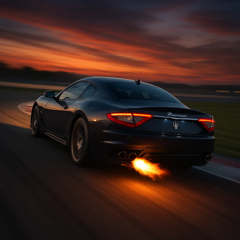 Maserati tailpipes with glowing exhaust flames on racetrack