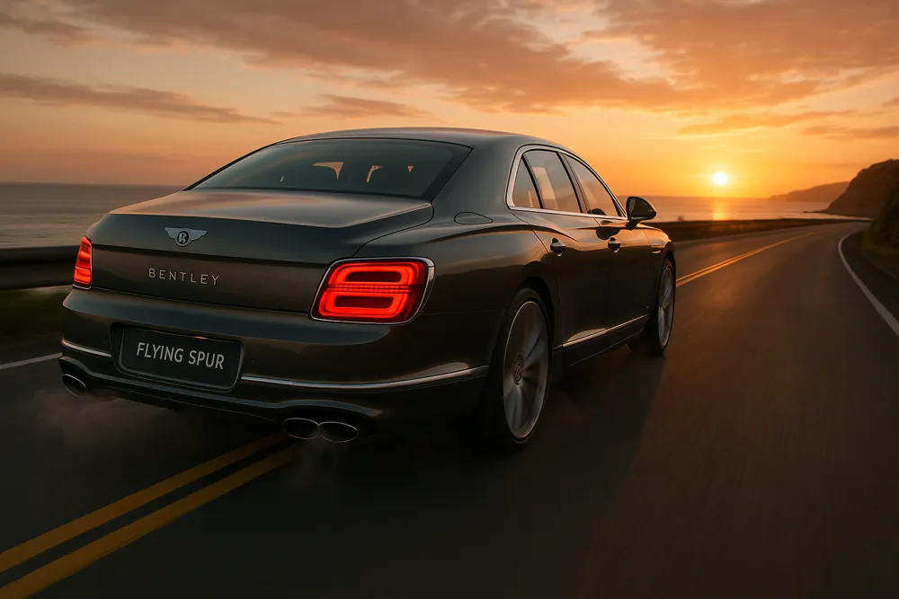 Bentley Flying Spur driving at sunset showcasing dual exhaust tips