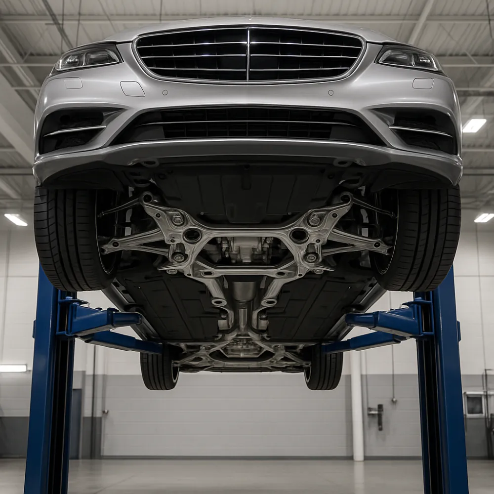 Organized used car frame parts on racks