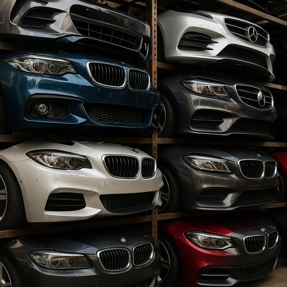 Luxury car bumpers and fenders in salvage yard