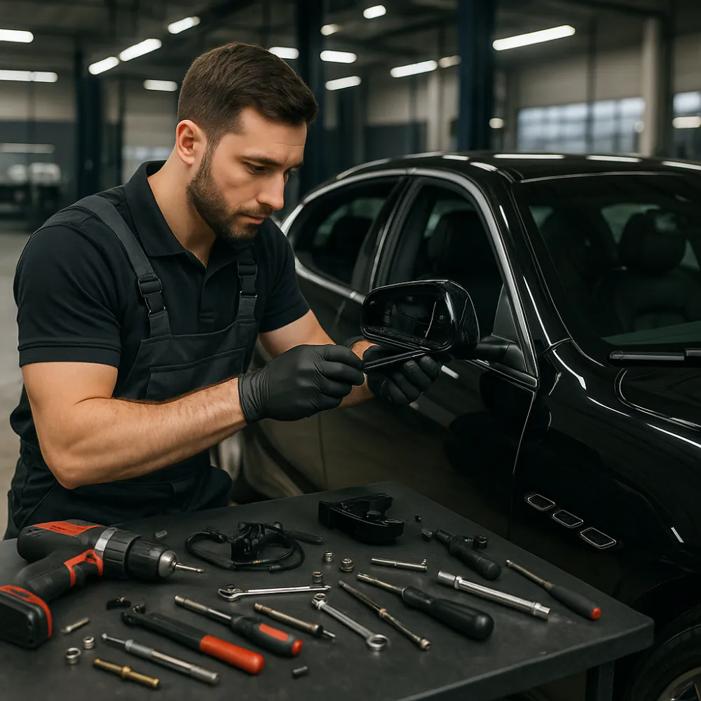 Mechanic installing high end side mirrors on a Maserati