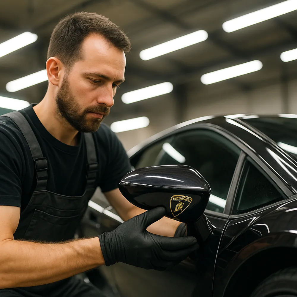 Technician installing a Lamborghini side mirror in garage