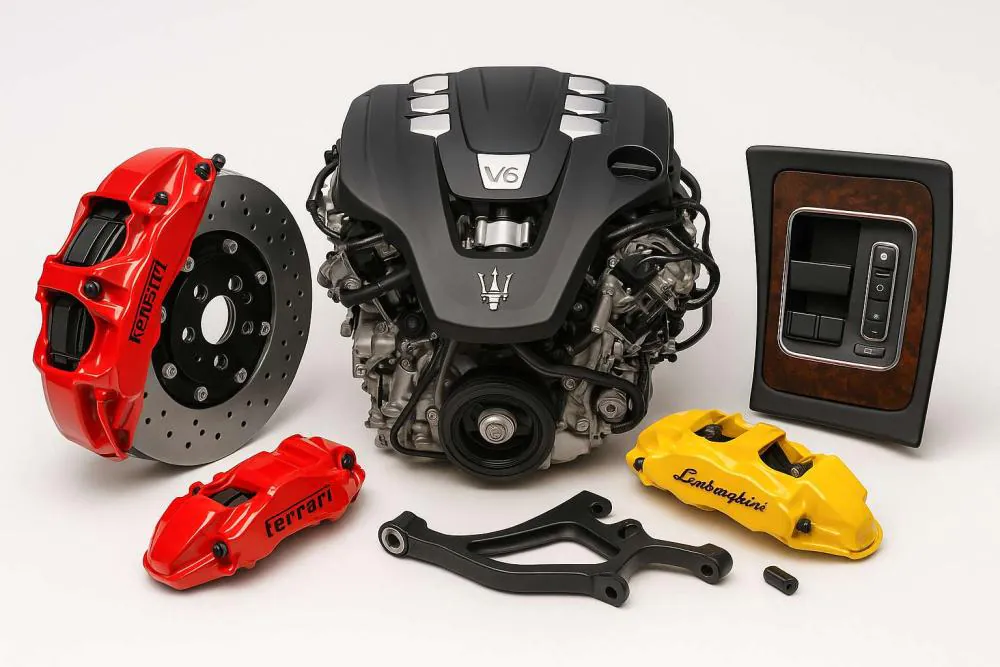 High-quality array of premium auto parts from Ferrari, Lamborghini, Maserati, and Bentley arranged on a clean white background