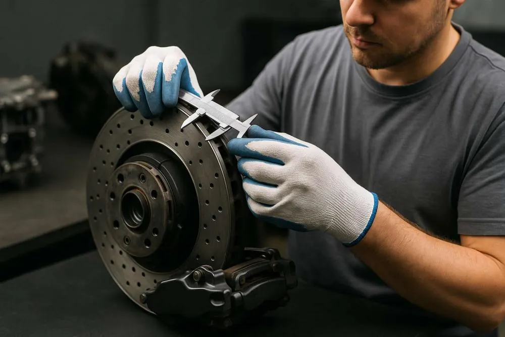 Technician measuring a brake disc with calipers in a workshop