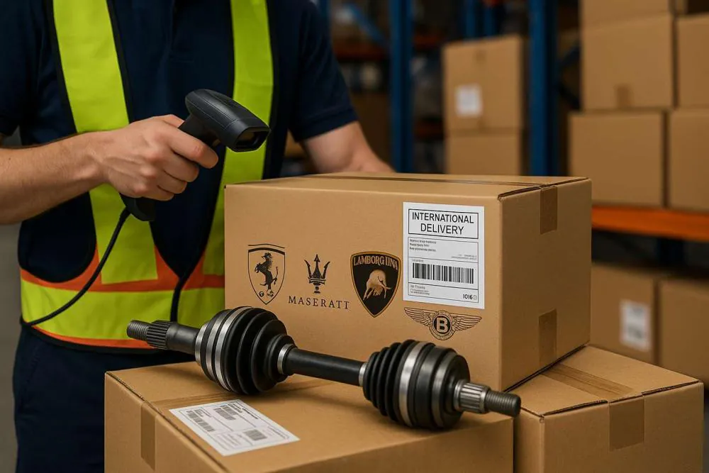 Logistics worker scanning a shipping box labeled with luxury car logos in a warehouse
