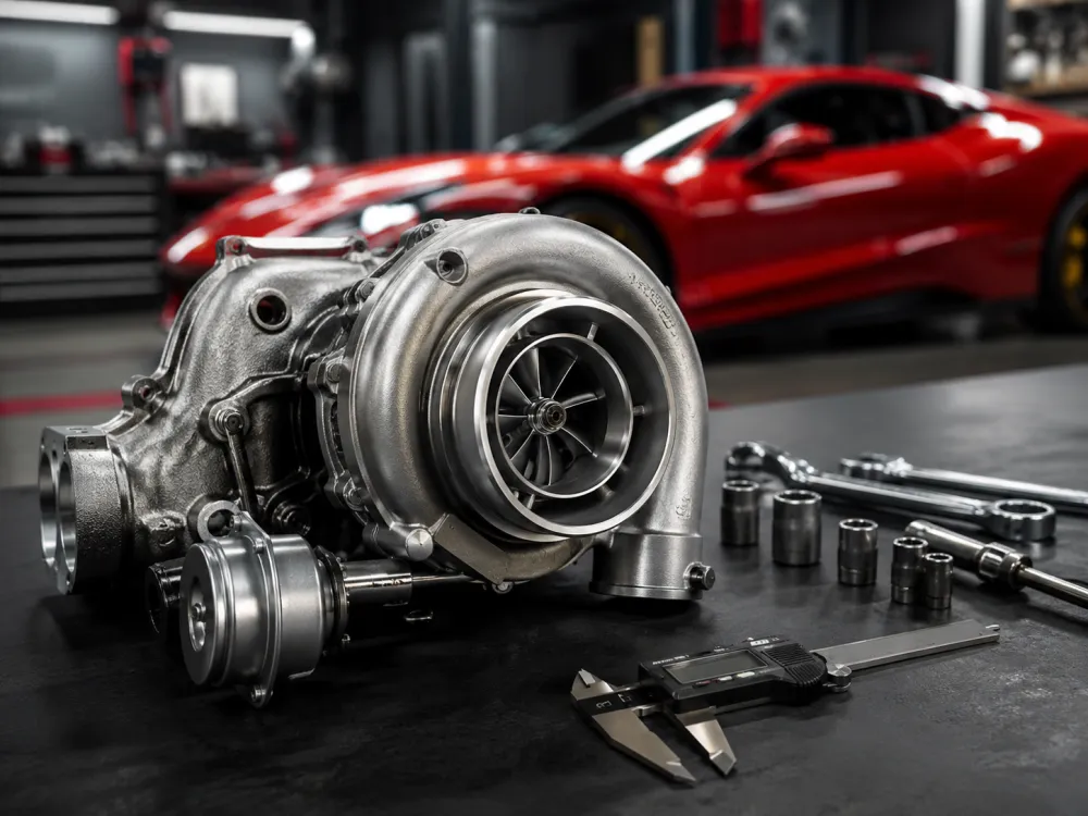 Close-up of a high performance turbocharger on a clean workshop bench beside precision tools, with a Ferrari-inspired luxury performance