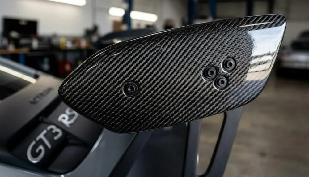 Close-up of carbon fiber texture on a performance car part
