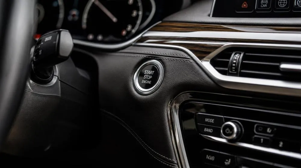 Close up of a luxury car dashboard and ignition area