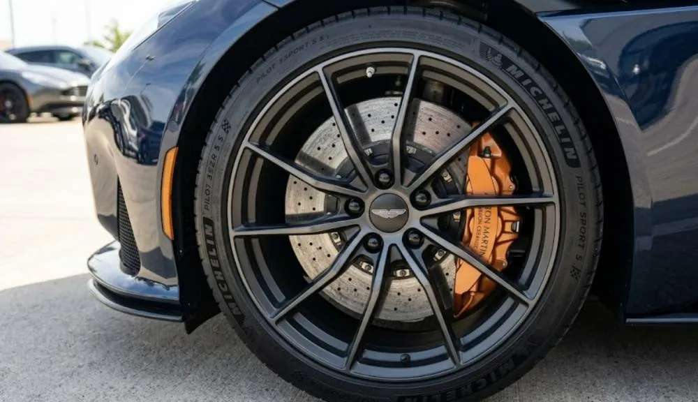Close view of a luxury car wheel and brake