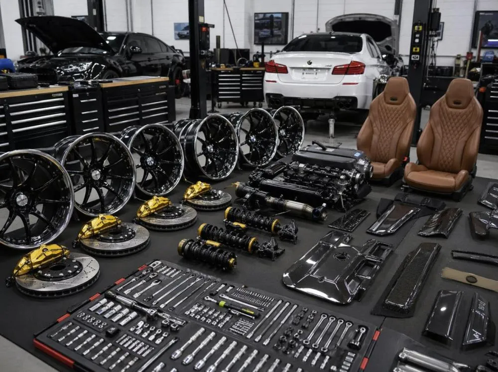 Luxury car parts arranged for inspection before installation