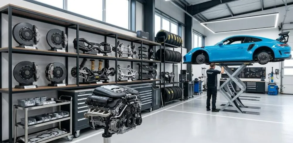 Luxury car parts arranged in a clean workshop