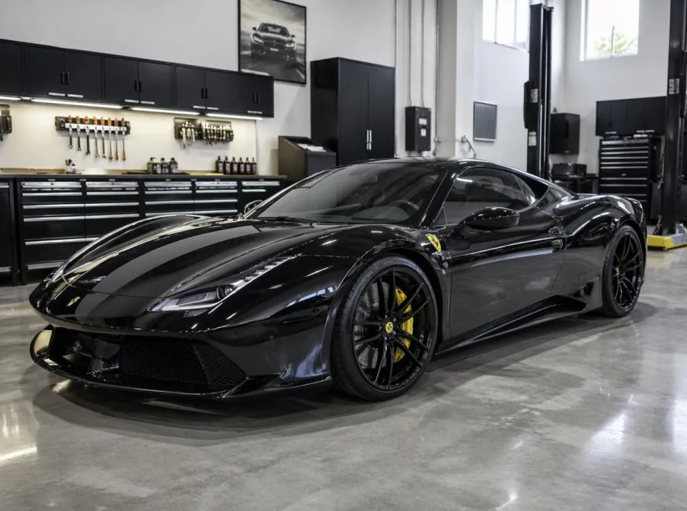 Luxury sports car being prepared for performance tuning in a workshop