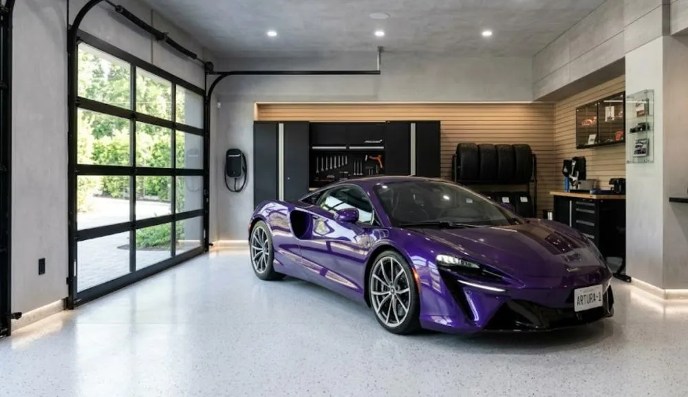 Luxury sports car parked in a clean garage setting