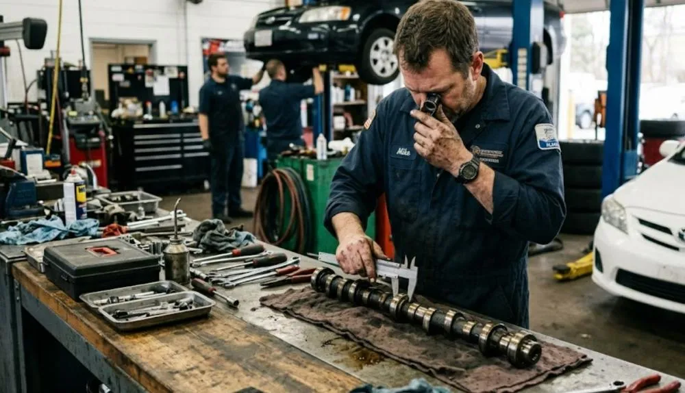 Mechanic inspecting a car part on a workbench