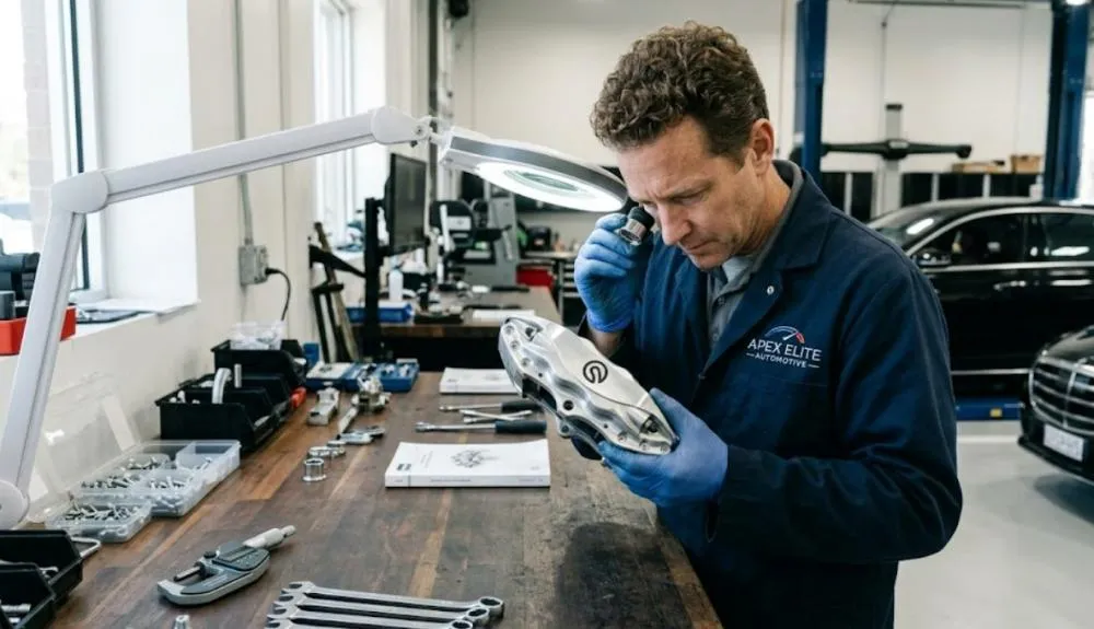 Mechanic inspecting a luxury car part on a workbench
