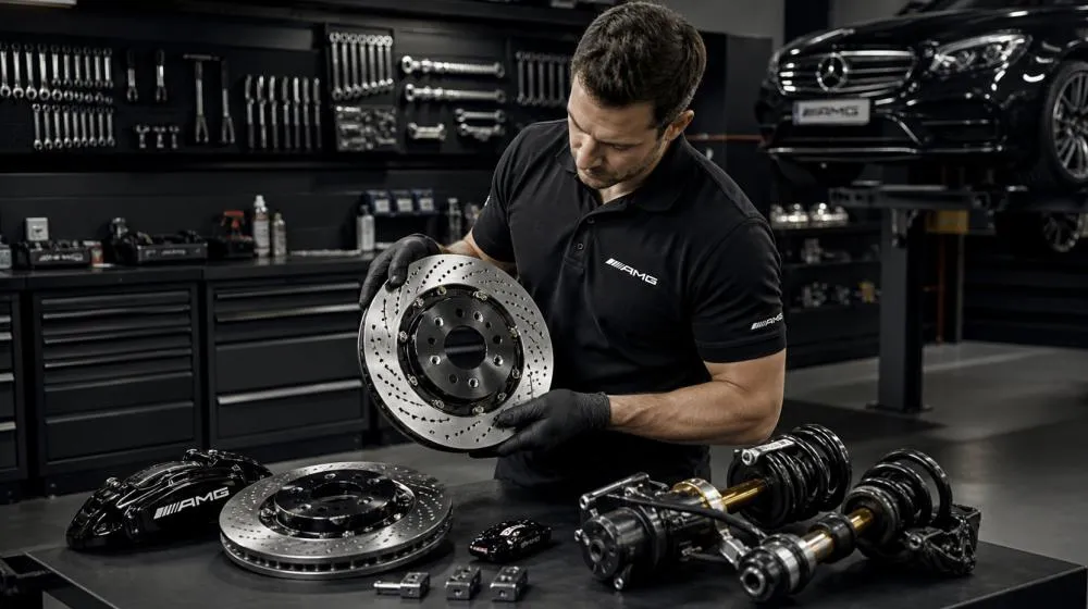 Mechanic inspecting premium car parts in a workshop