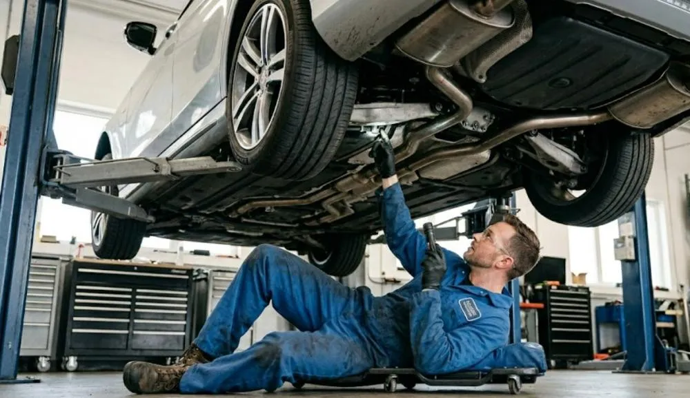 Mechanic inspecting the underside of a luxury vehicle