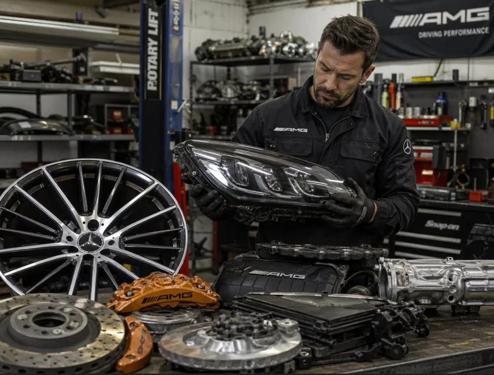 Mechanic inspecting used luxury car parts in a workshop