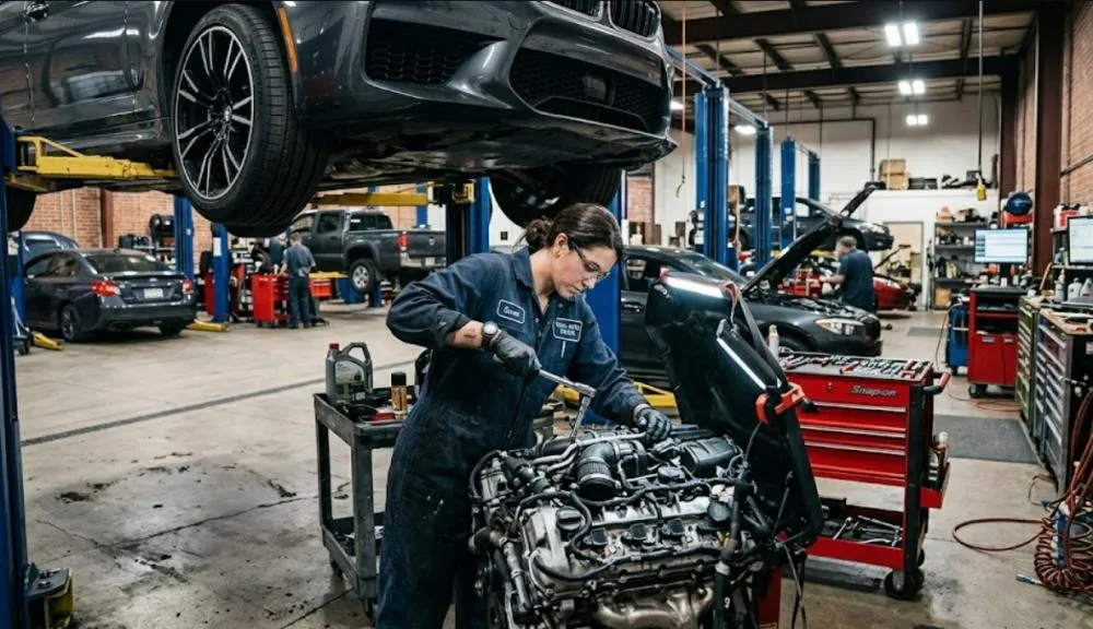 Mechanic working on a car in a professional workshop