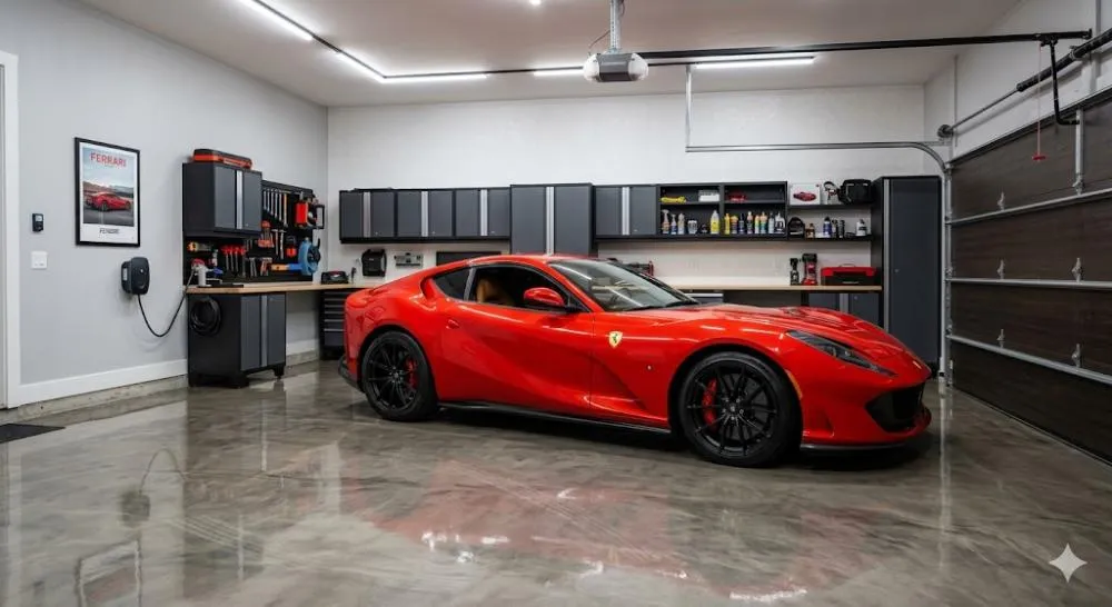 Red Ferrari-style luxury sports car parked in a clean garage