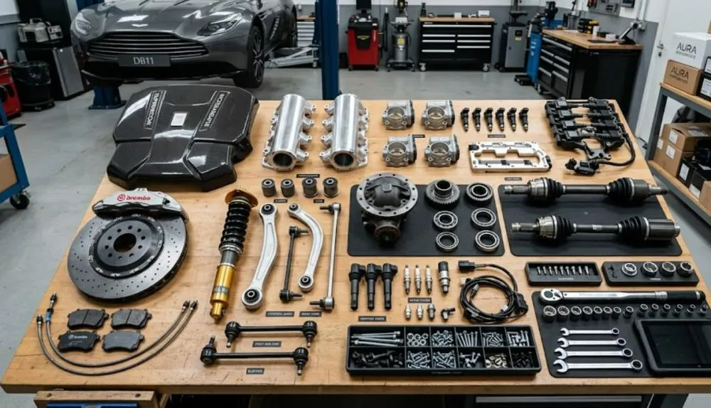 organized luxury car parts on a workshop table