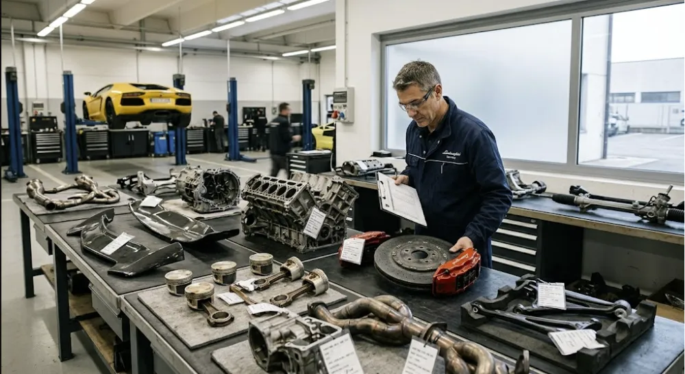 Used Lamborghini parts prepared for inspection