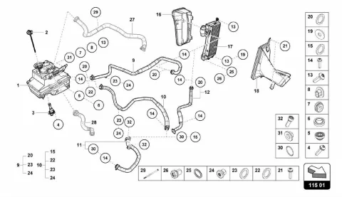 HYDRAULIC SYSTEM AND FLUID CONTAINER WITH CONNECT PIECES