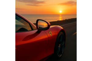 Red Ferrari side mirror reflecting sunset coastal road