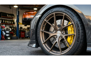 Close-up of a sports car wheel suitable for a tuning article