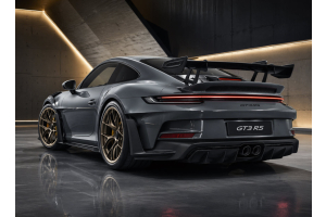 Luxury performance car with exterior styling details and rear spoiler