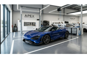 Luxury sports car parked in a clean workshop