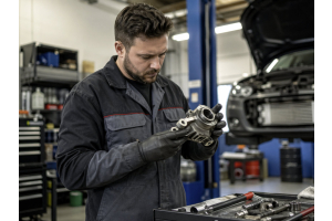 Technician checking a used luxury car part before installation