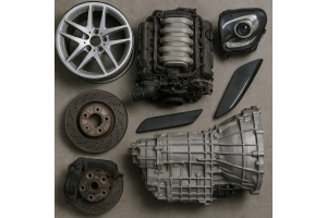 Assorted used luxury car parts including an alloy wheel, V8 engine, headlight, brake discs with calipers, carbon fiber trim, and an automatic transmission laid out on a gray surface