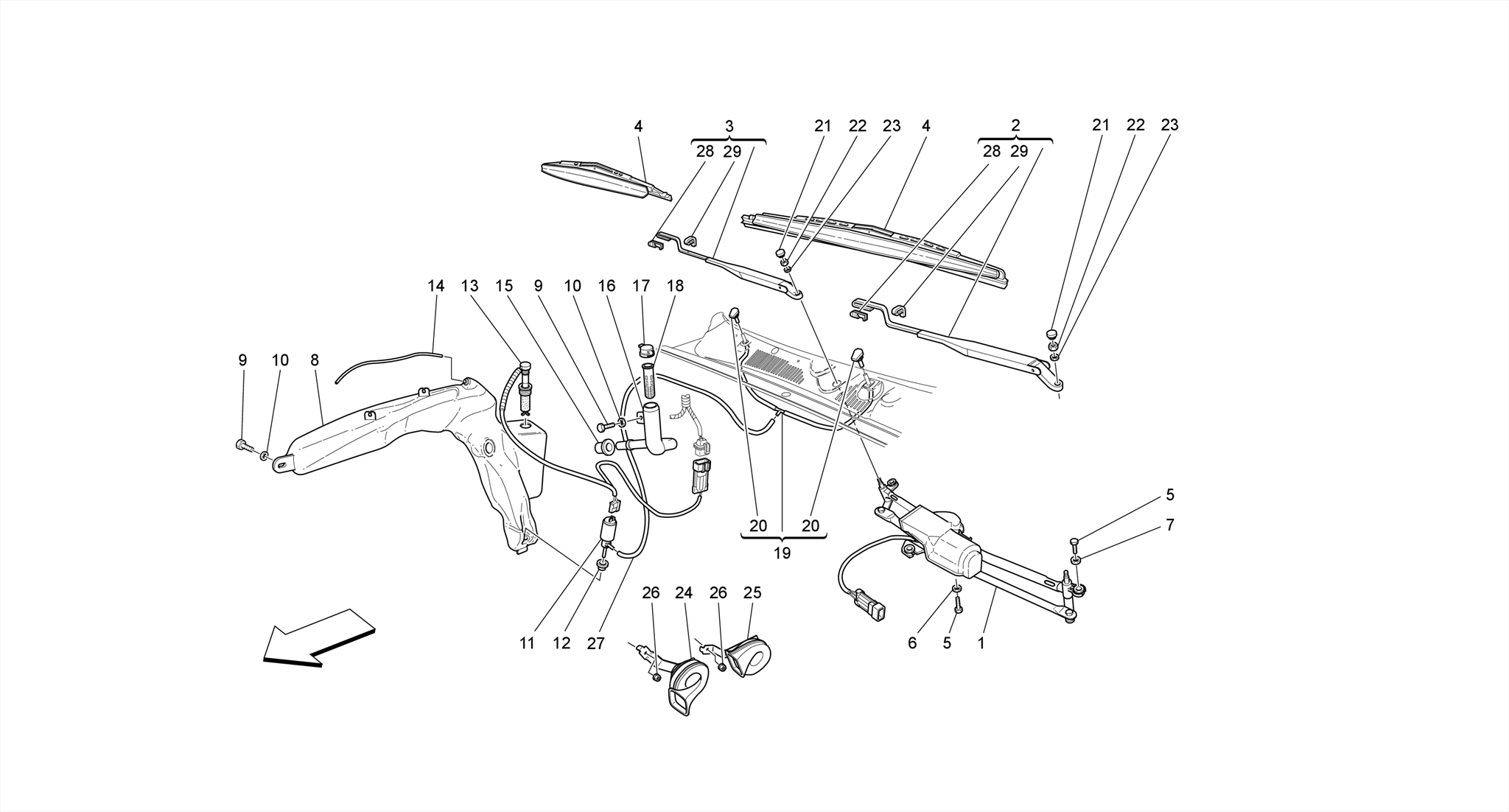 WINDSCREEN WIPER, WINDSCREEN WASHER AND HORNS