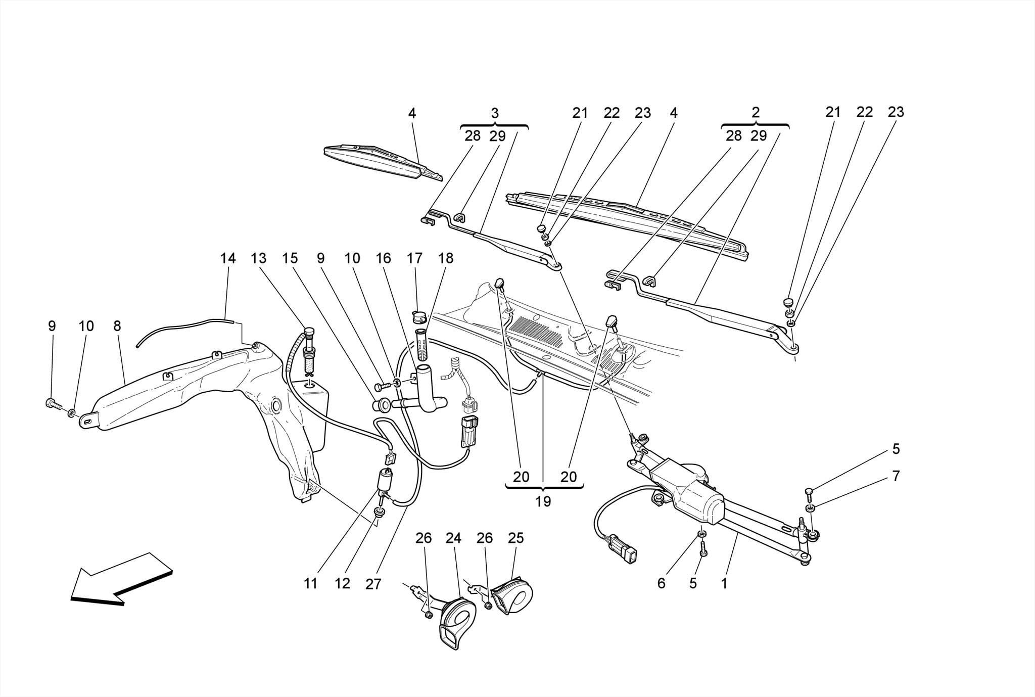 WINDSCREEN WIPER, WINDSCREEN WASHER AND HORNS