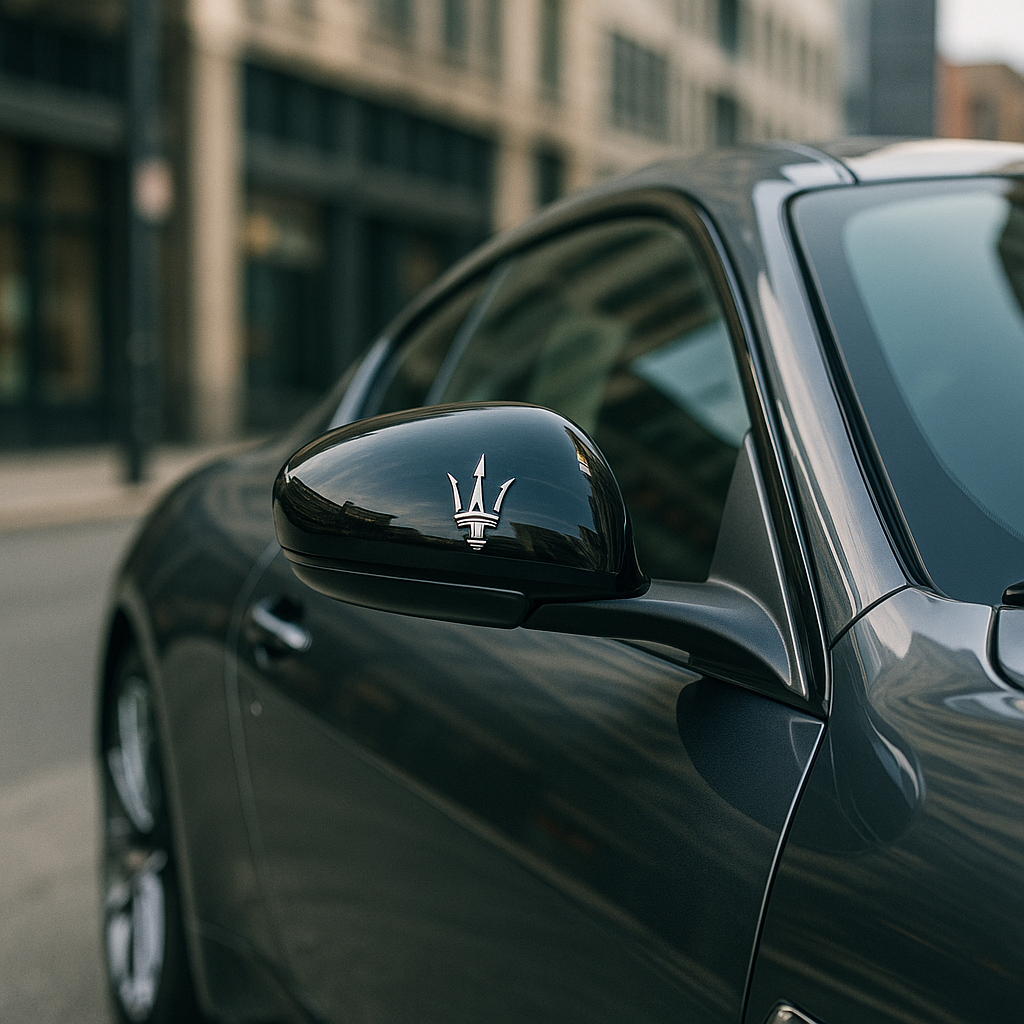 Sleek Maserati side mirror reflecting an urban skyline