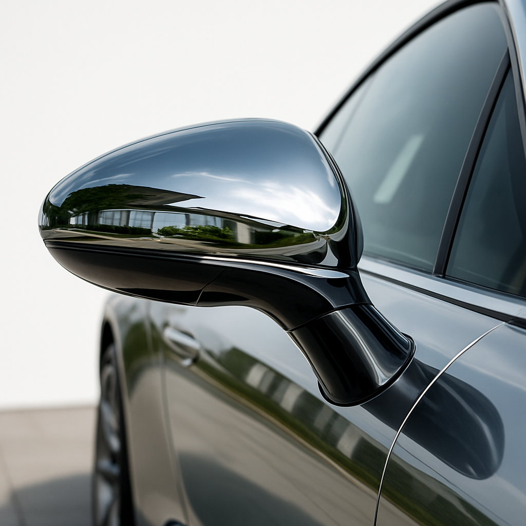 Close-up of a high end side mirror on a white background