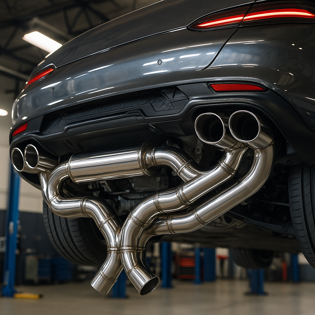 Luxury sports car stainless steel exhaust system in workshop