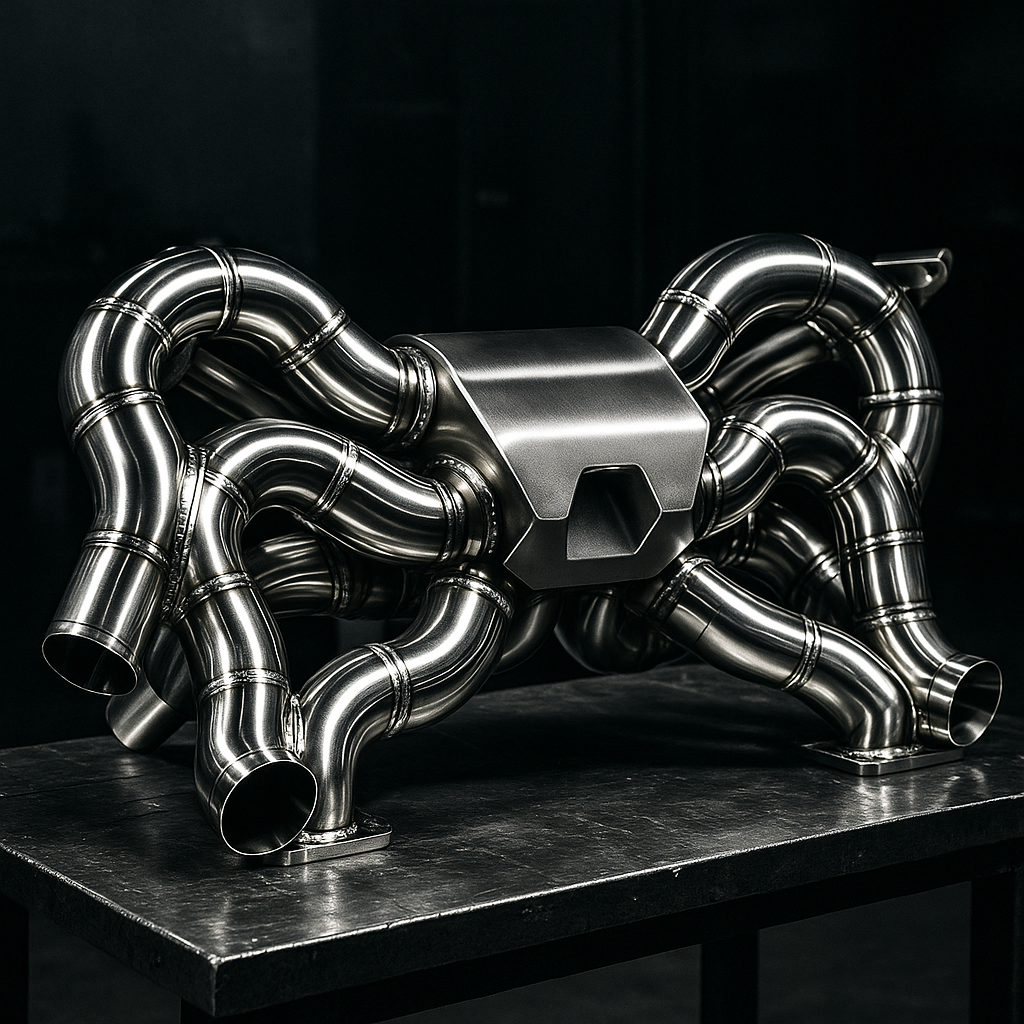 Close-up of stainless steel Aventador exhaust system