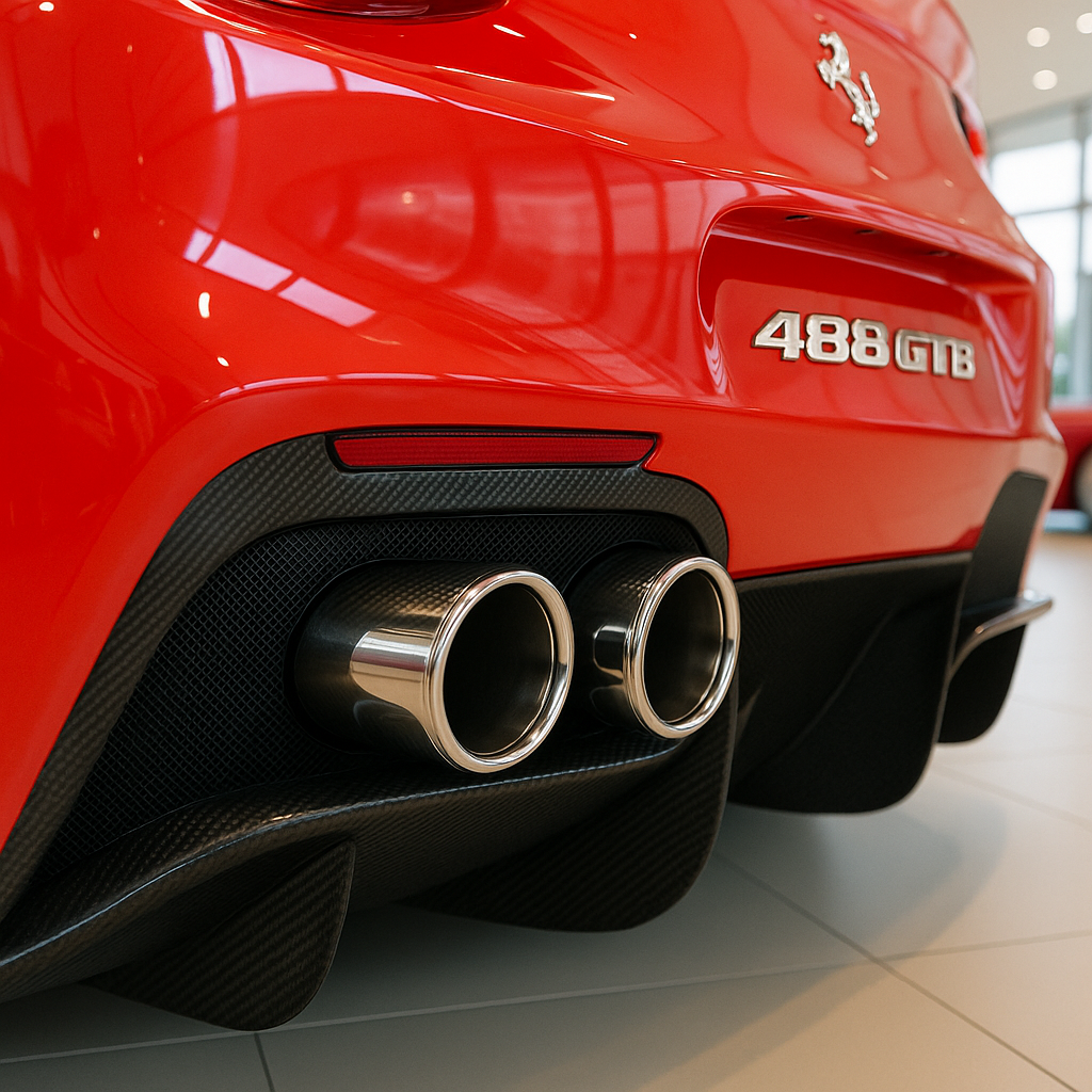 Close-up of a Ferrari 488 GTB exhaust system