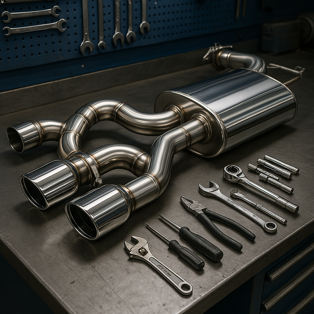 Stainless steel high end exhaust system on mechanic bench