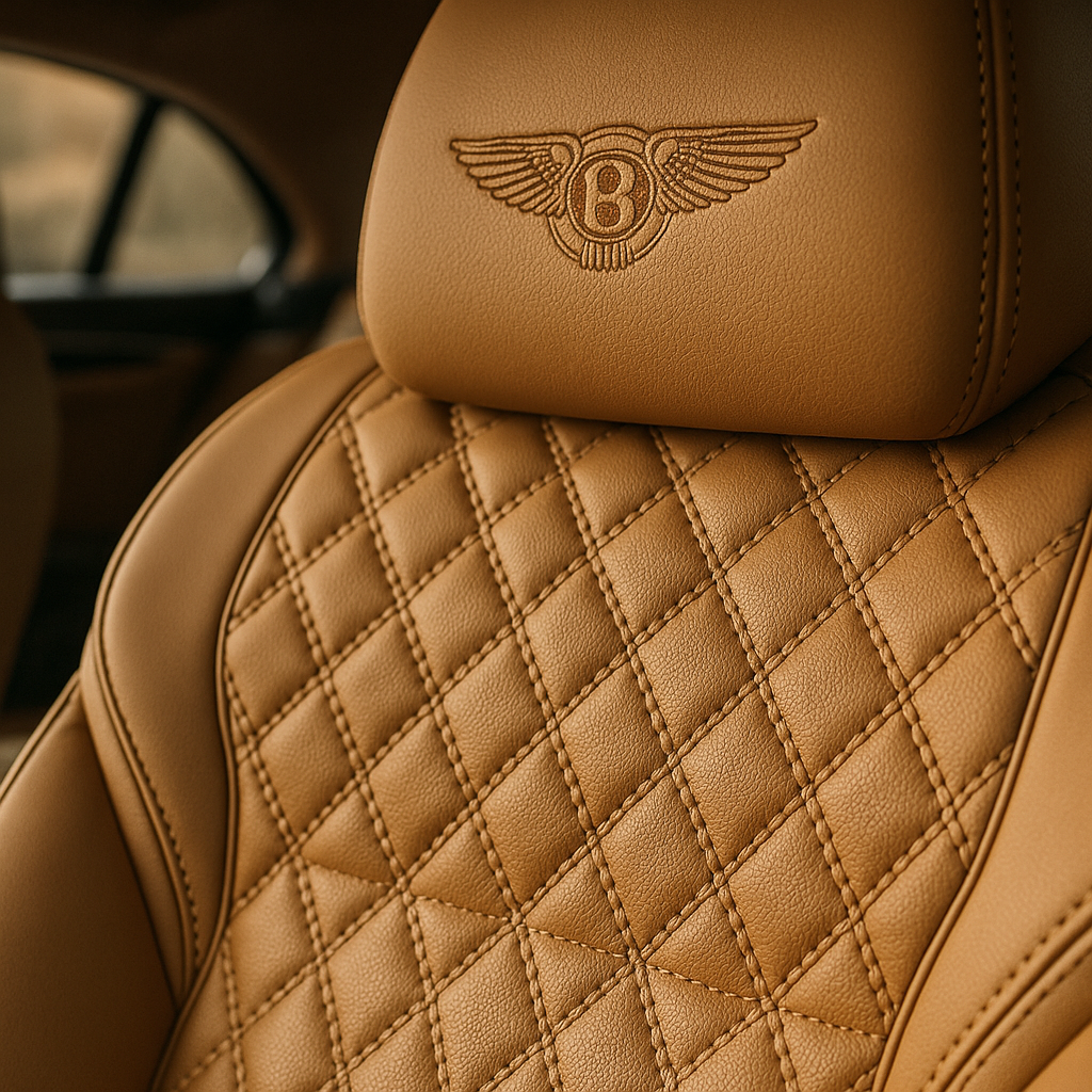 Close-up of tan leather Bentley seat with diamond stitching
