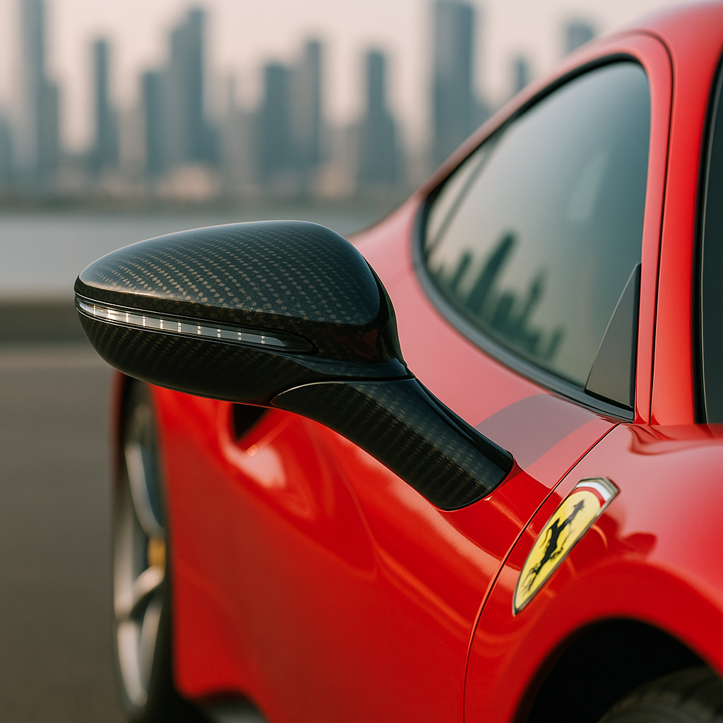 Close-up of a high end side mirror on a red Ferrari