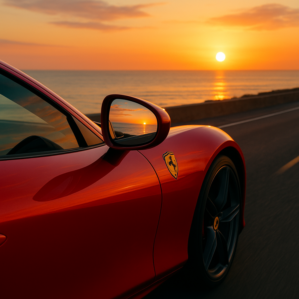 Red Ferrari side mirror reflecting sunset coastal road